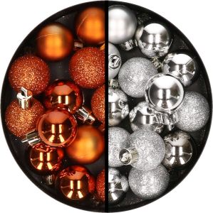 Merkloos 34x stuks kunststof kerstballen oranje en zilver 3 cm Kerstbal