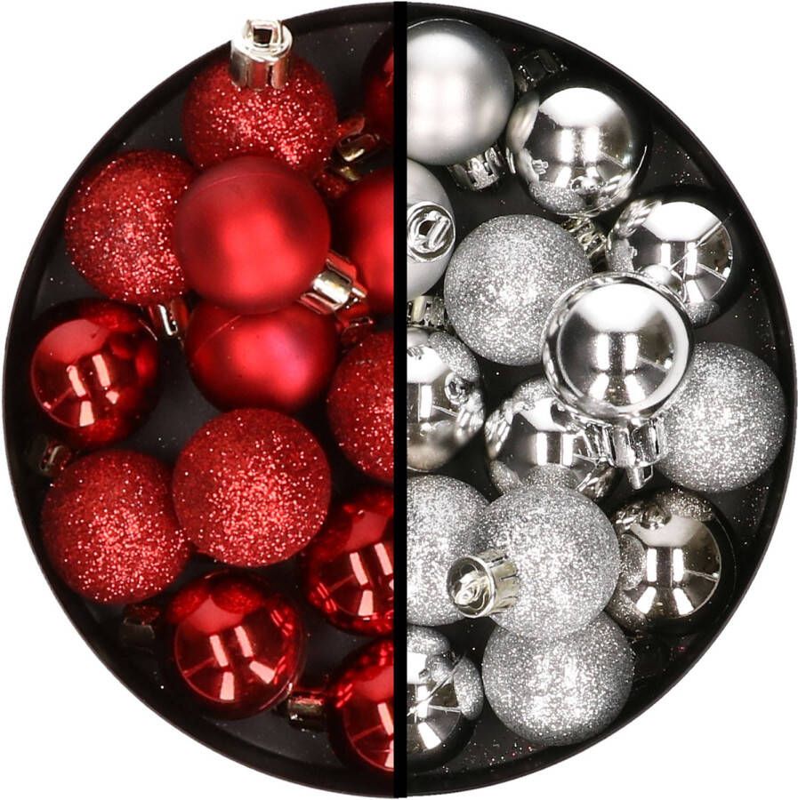 Merkloos 34x stuks kunststof kerstballen rood en zilver 3 cm Kerstbal