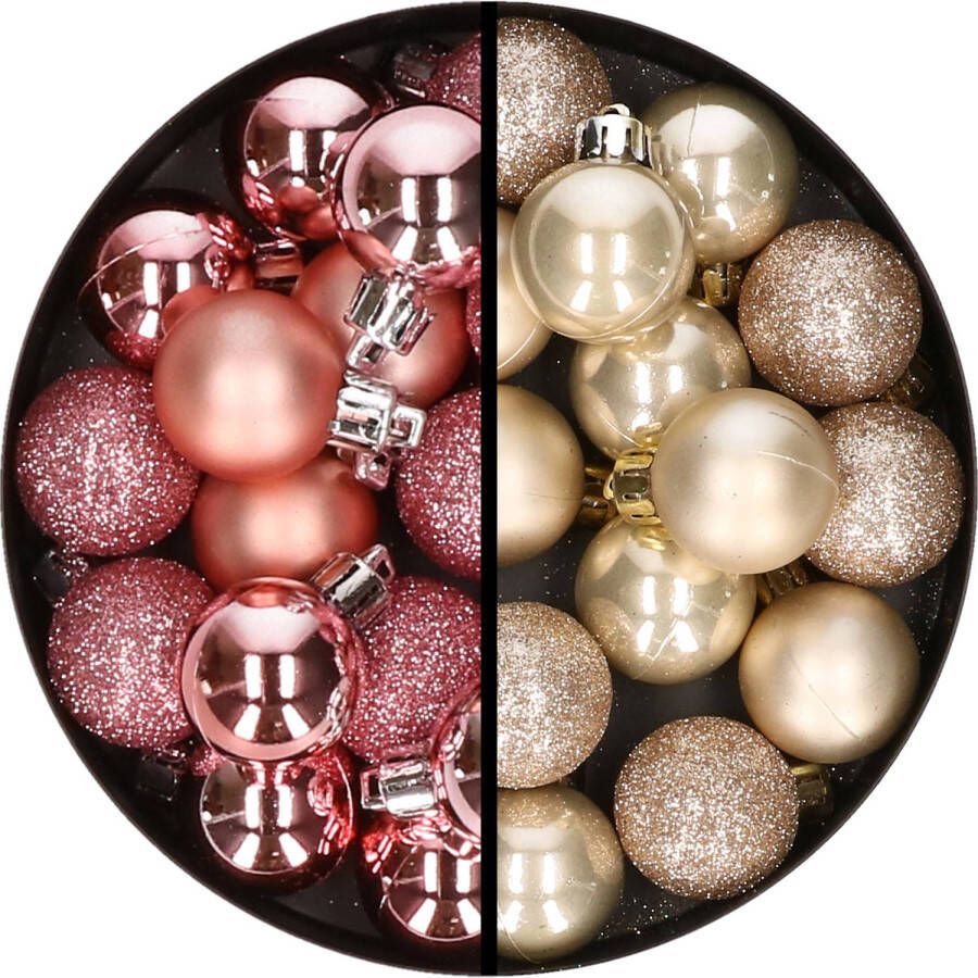 Merkloos 34x stuks kunststof kerstballen roze en champagne 3 cm Kerstbal