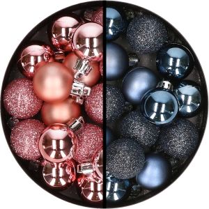 Merkloos 34x stuks kunststof kerstballen roze en donkerblauw 3 cm Kerstbal