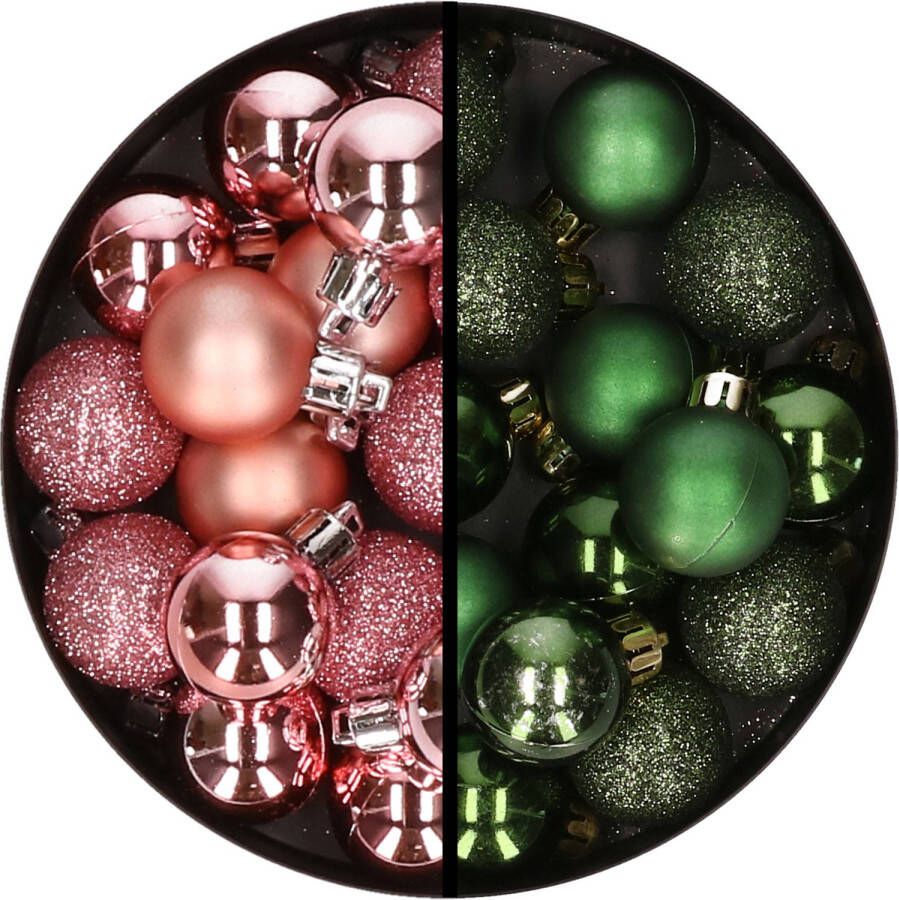 Merkloos 34x stuks kunststof kerstballen roze en donkergroen 3 cm Kerstbal