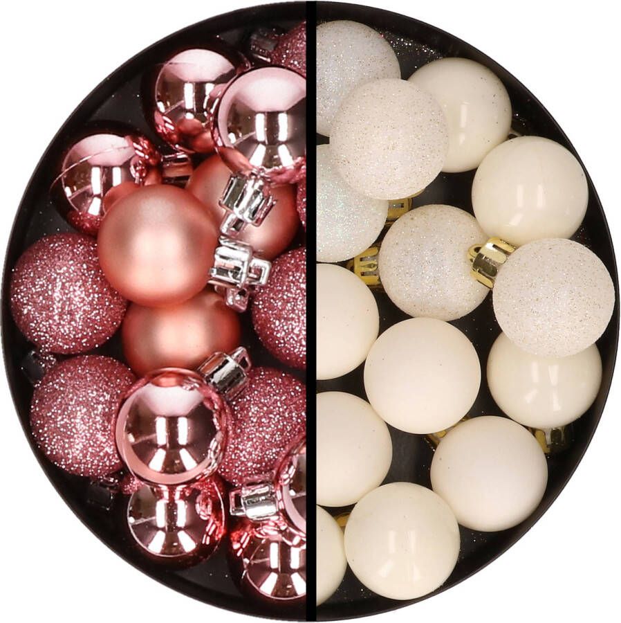 Merkloos 34x stuks kunststof kerstballen roze en gebroken wit 3 cm Kerstbal