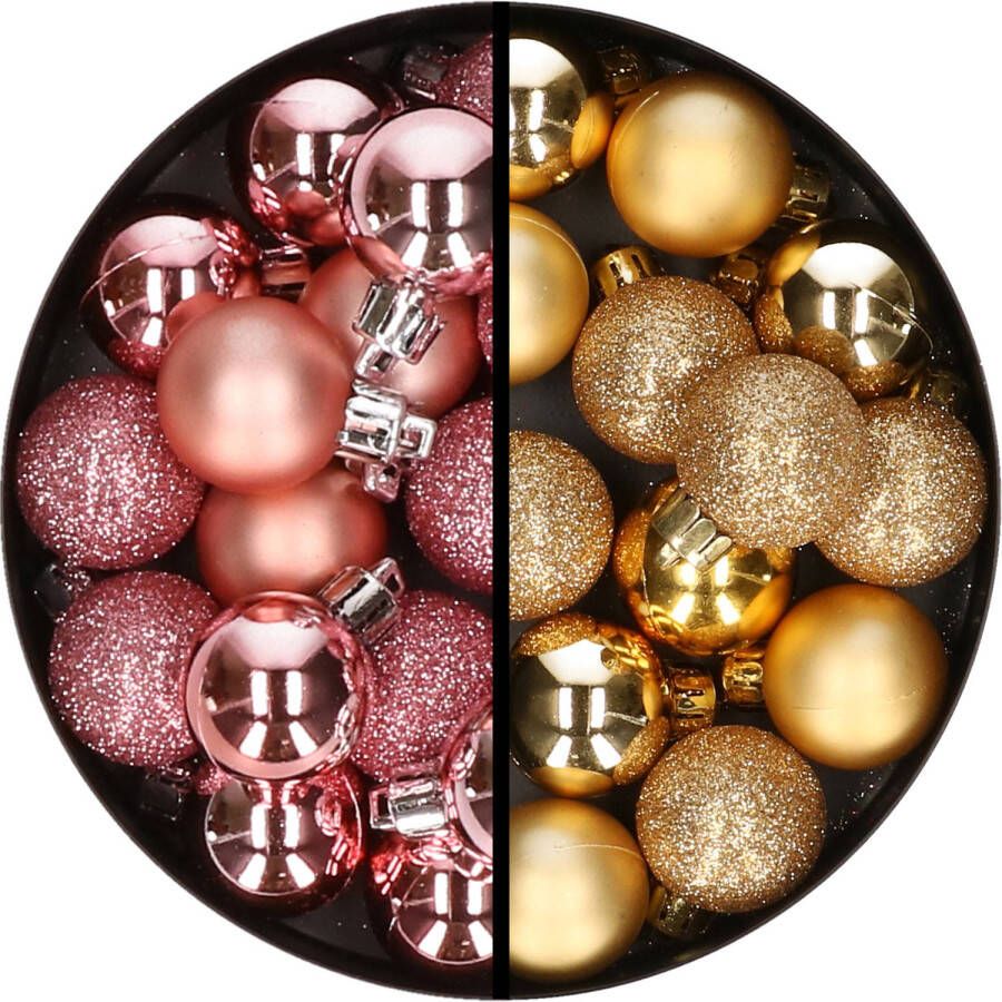 Merkloos 34x stuks kunststof kerstballen roze en goud 3 cm Kerstbal