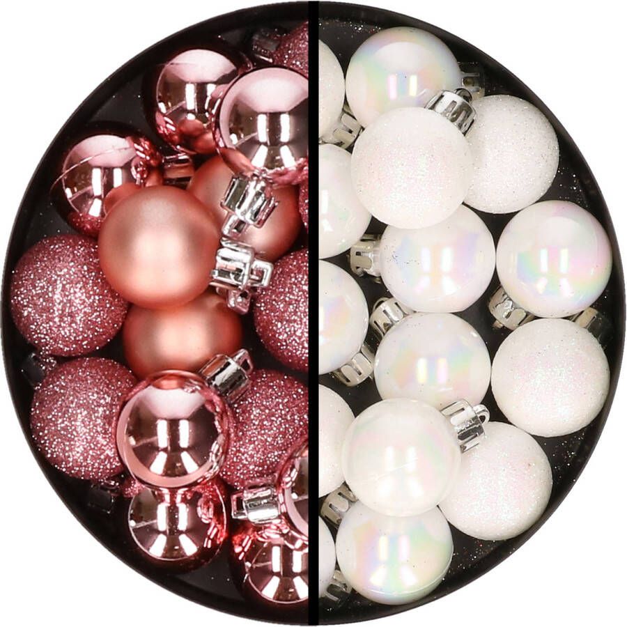 Merkloos 34x stuks kunststof kerstballen roze en parelmoer wit 3 cm Kerstbal