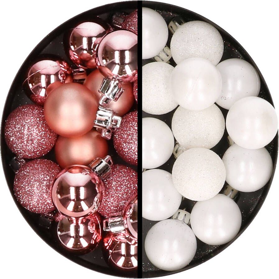 Merkloos 34x stuks kunststof kerstballen roze en wit 3 cm Kerstbal