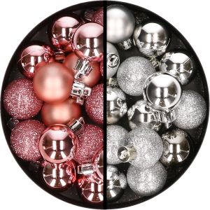Merkloos 34x stuks kunststof kerstballen roze en zilver 3 cm Kerstbal