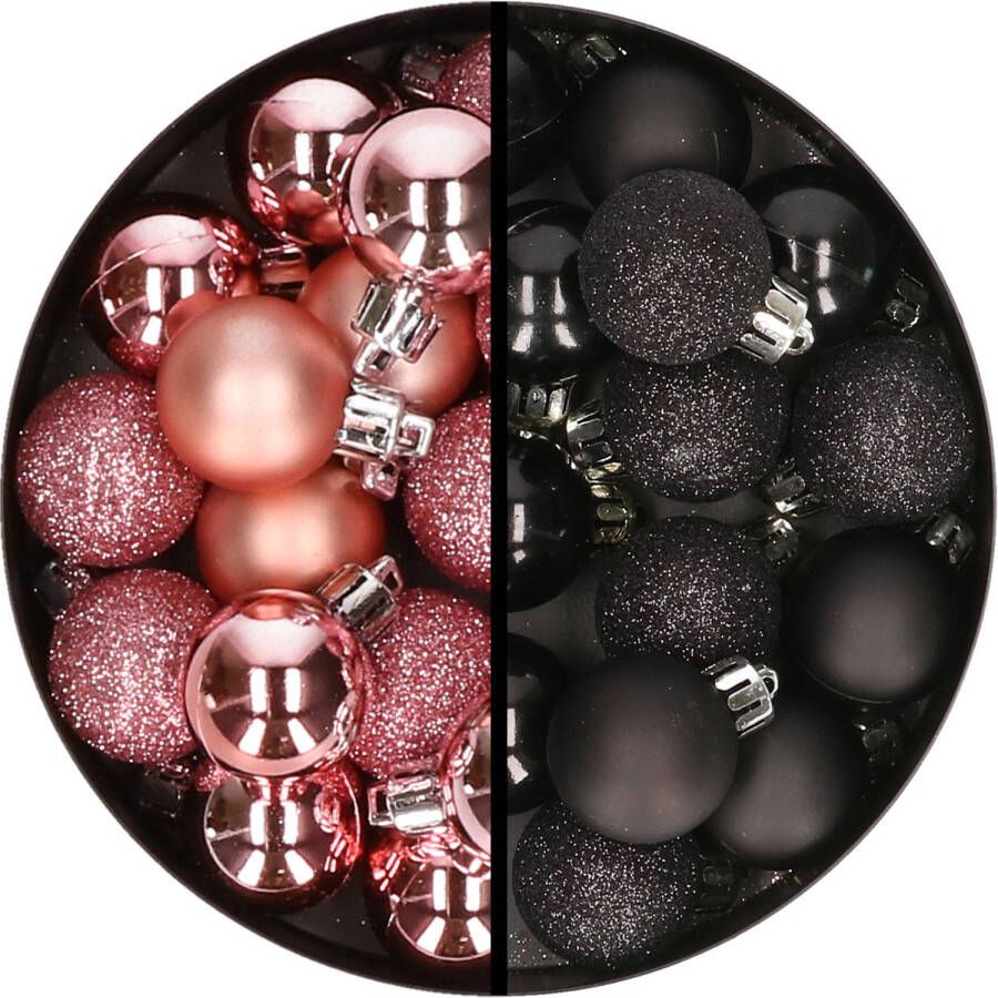 Merkloos 34x stuks kunststof kerstballen roze en zwart 3 cm Kerstbal