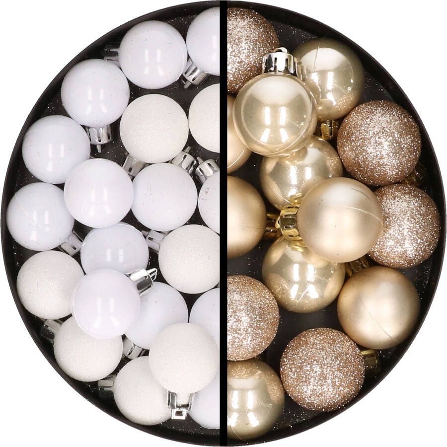Merkloos 34x stuks kunststof kerstballen wit en champagne 3 cm Kerstbal