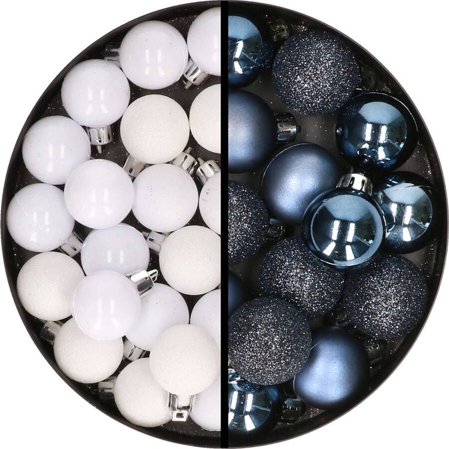 Merkloos 34x stuks kunststof kerstballen wit en donkerblauw 3 cm Kerstbal