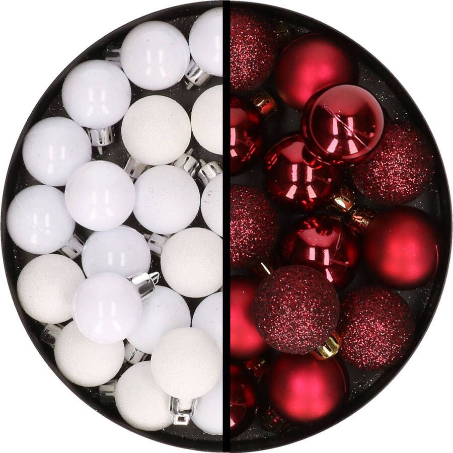 Merkloos 34x stuks kunststof kerstballen wit en donkerrood 3 cm Kerstbal