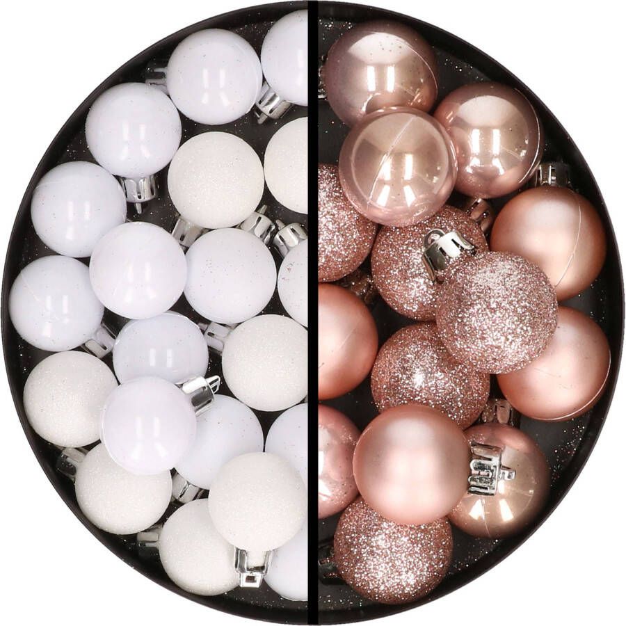 Merkloos 34x stuks kunststof kerstballen wit en lichtroze 3 cm Kerstbal