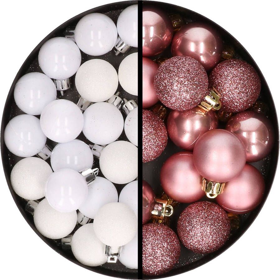 Merkloos 34x stuks kunststof kerstballen wit en oudroze 3 cm Kerstbal