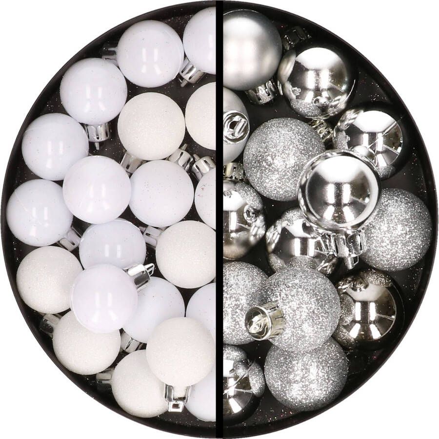 Merkloos 34x stuks kunststof kerstballen wit en zilver 3 cm Kerstbal