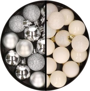 Merkloos 34x stuks kunststof kerstballen zilver en wol wit 3 cm Kerstbal