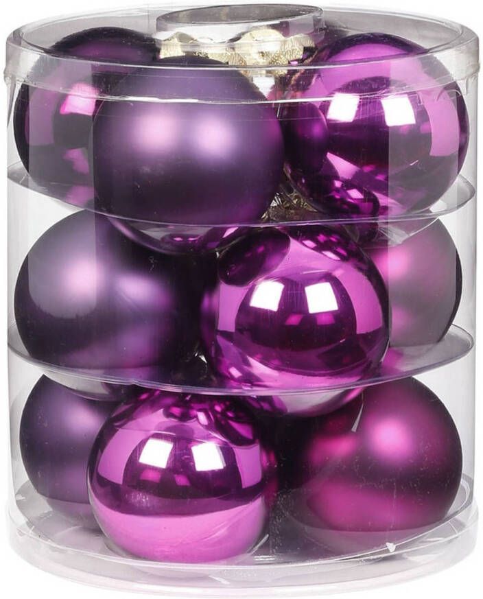 Merkloos Tube met 12 paarse kerstballen van glas 8 cm glans en mat Kerstbal