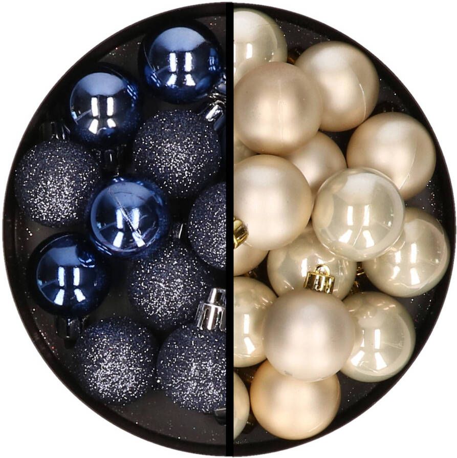 Merkloos 36x stuks kunststof kerstballen donkerblauw en champagne 3 en 4 cm Kerstbal