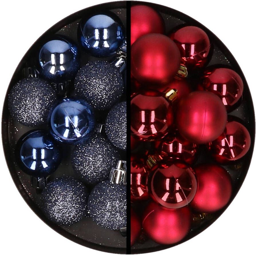 Merkloos 36x stuks kunststof kerstballen donkerblauw en donkerrood 3 en 4 cm Kerstbal