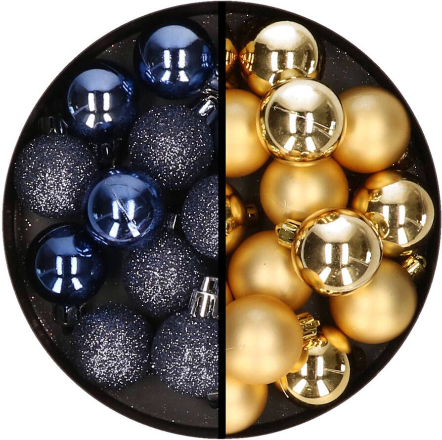 Merkloos 36x stuks kunststof kerstballen donkerblauw en goud 3 en 4 cm Kerstbal