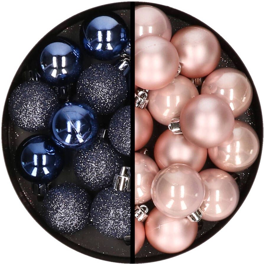 Merkloos 36x stuks kunststof kerstballen donkerblauw en lichtroze 3 en 4 cm Kerstbal