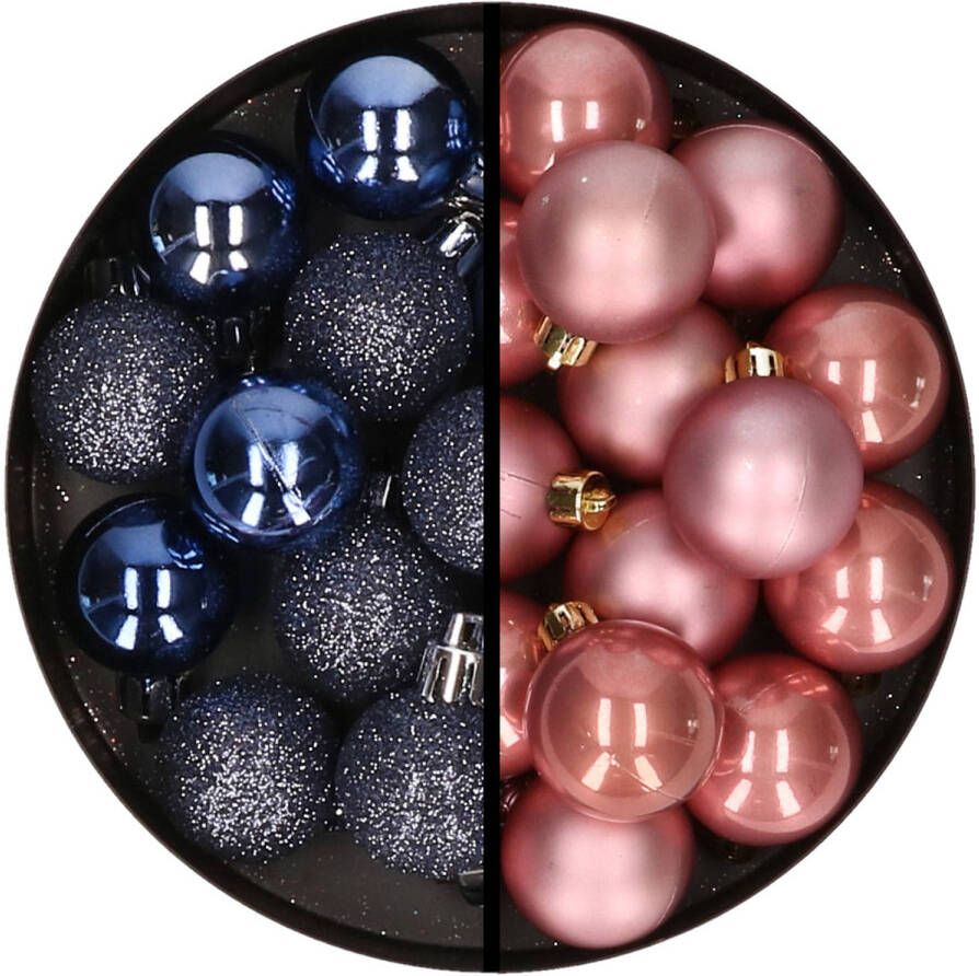 Merkloos 36x stuks kunststof kerstballen donkerblauw en oudroze 3 en 4 cm Kerstbal