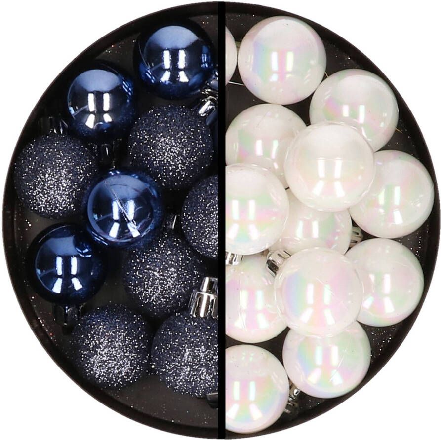 Merkloos 36x stuks kunststof kerstballen donkerblauw en parelmoer wit 3 en 4 cm Kerstbal