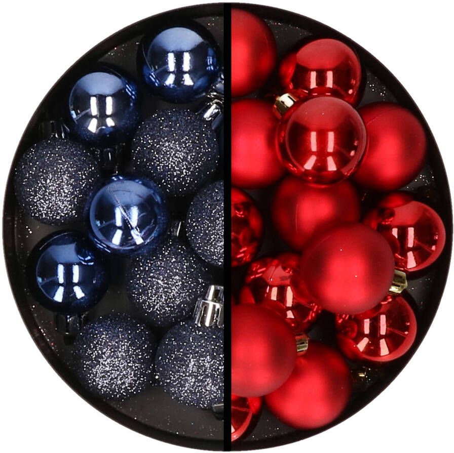Merkloos 36x stuks kunststof kerstballen donkerblauw en rood 3 en 4 cm Kerstbal