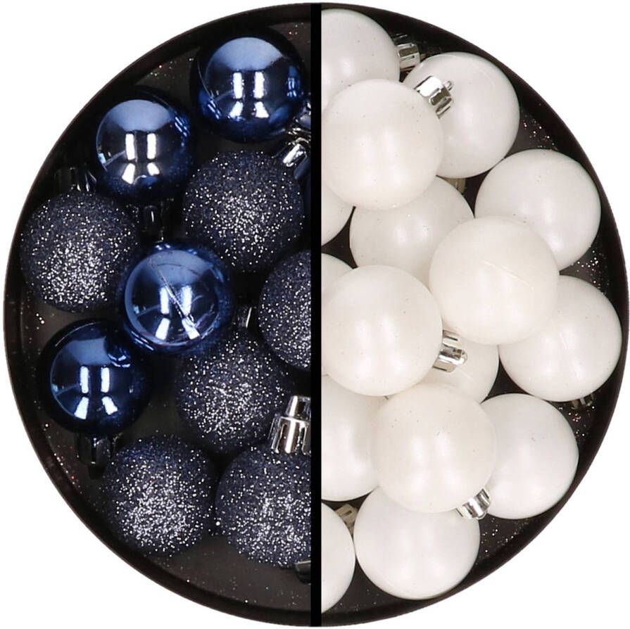 Merkloos 36x stuks kunststof kerstballen donkerblauw en wit 3 en 4 cm Kerstbal