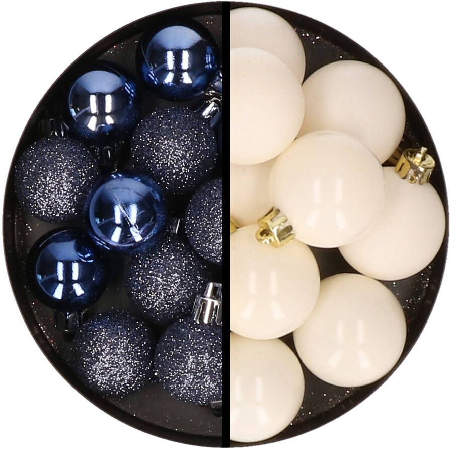 Merkloos 36x stuks kunststof kerstballen donkerblauw en wol wit 3 en 4 cm Kerstbal