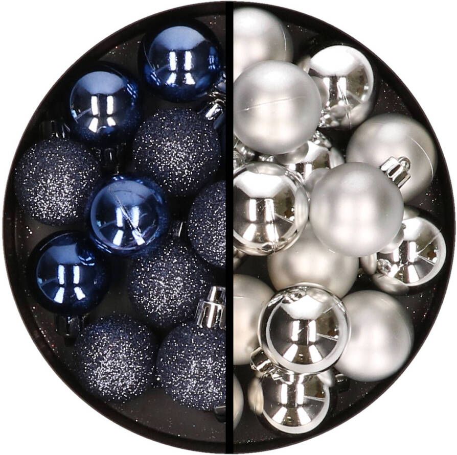 Merkloos 36x stuks kunststof kerstballen donkerblauw en zilver 3 en 4 cm Kerstbal