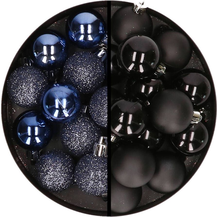 Merkloos 36x stuks kunststof kerstballen donkerblauw en zwart 3 en 4 cm Kerstbal