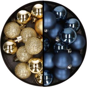 Merkloos 36x stuks kunststof kerstballen goud en donkerblauw 3 en 4 cm Kerstbal