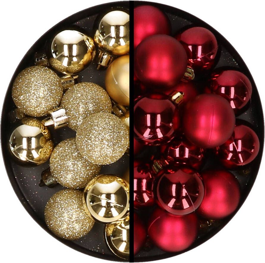 Merkloos 36x stuks kunststof kerstballen goud en donkerrood 3 en 4 cm Kerstbal