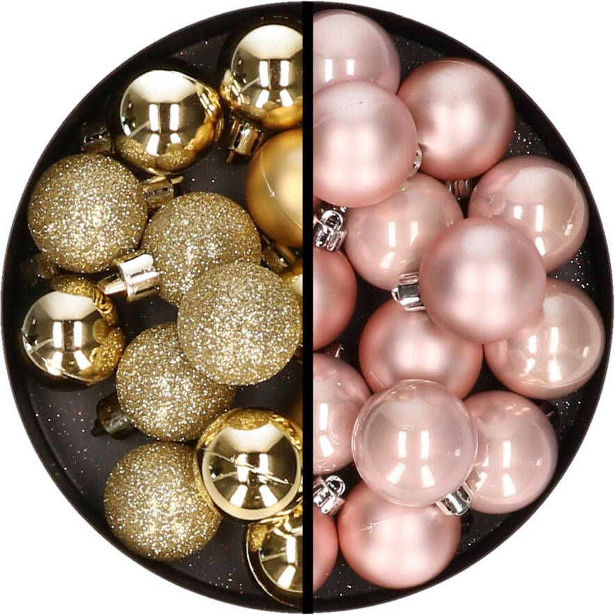 Merkloos 36x stuks kunststof kerstballen goud en lichtroze 3 en 4 cm Kerstbal
