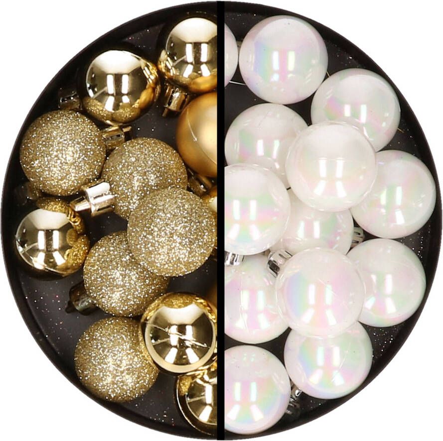 Merkloos 36x stuks kunststof kerstballen goud en parelmoer wit 3 en 4 cm Kerstbal
