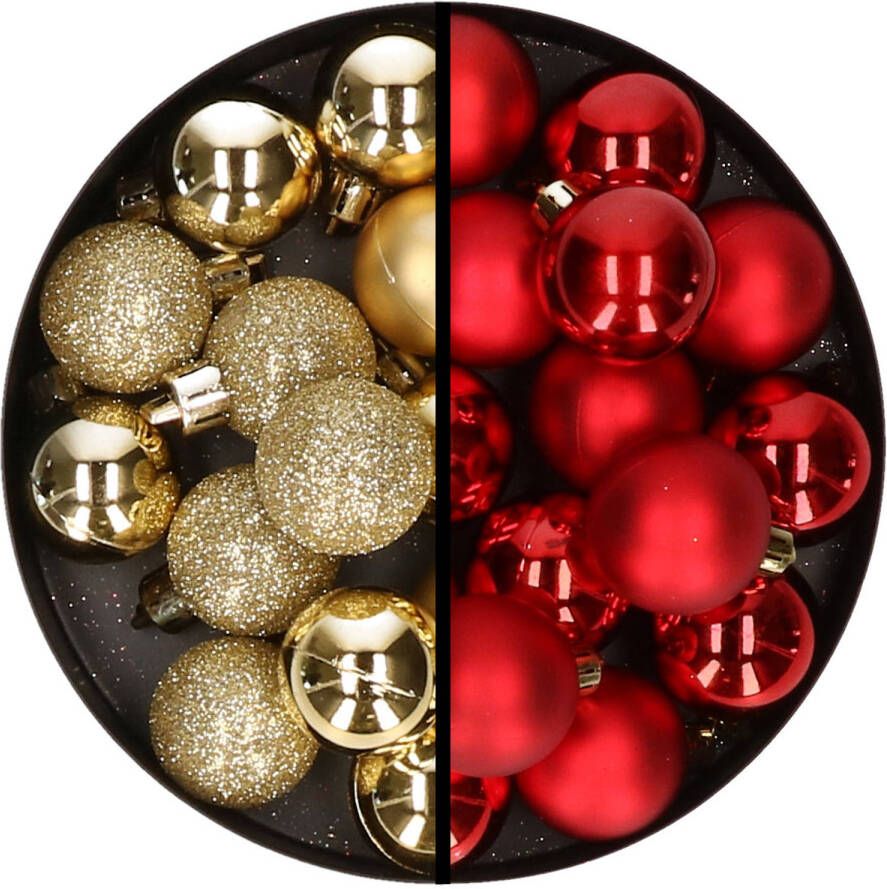 Merkloos 36x stuks kunststof kerstballen goud en rood 3 en 4 cm Kerstbal