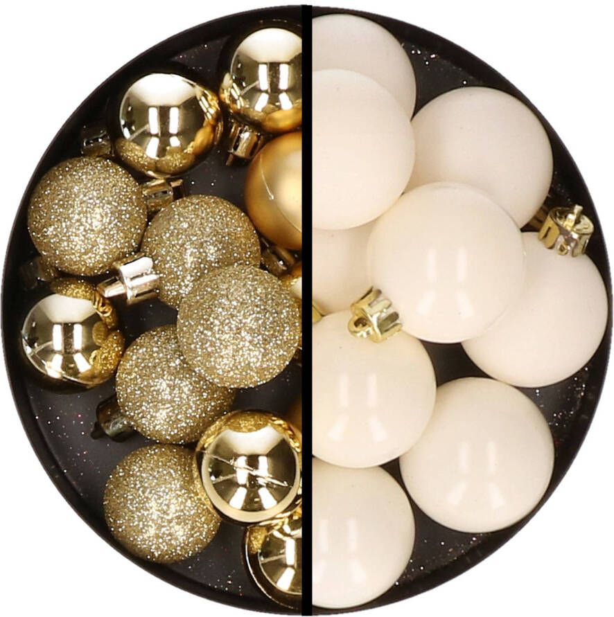 Merkloos 36x stuks kunststof kerstballen goud en wol wit 3 en 4 cm Kerstbal