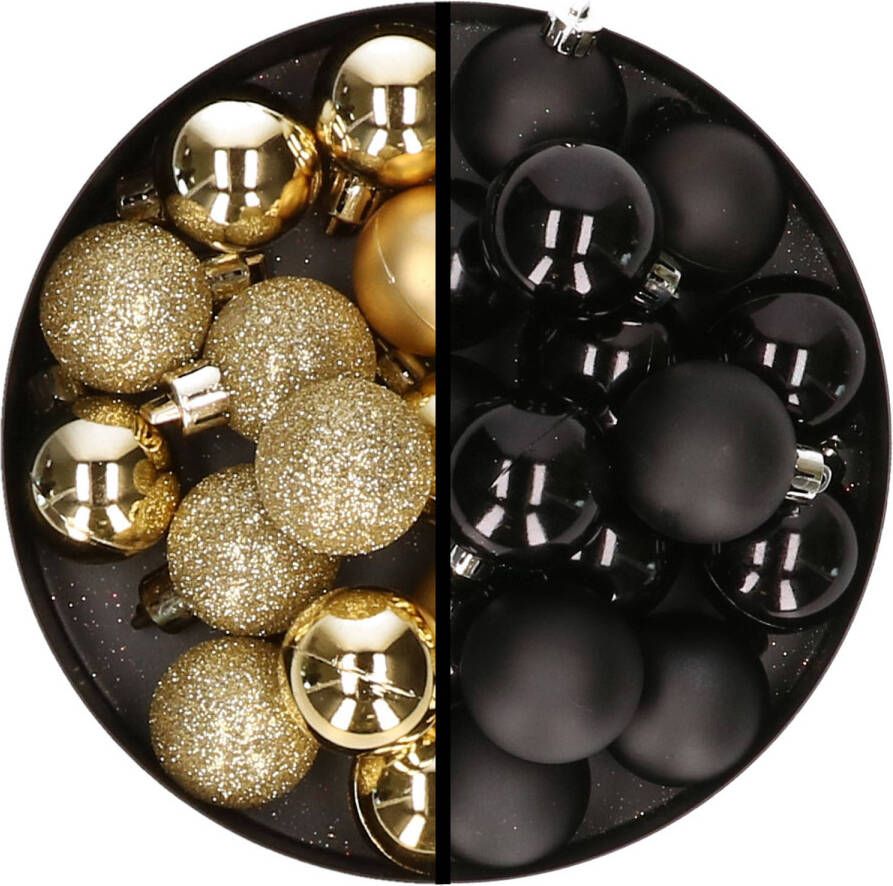 Merkloos 36x stuks kunststof kerstballen goud en zwart 3 en 4 cm Kerstbal