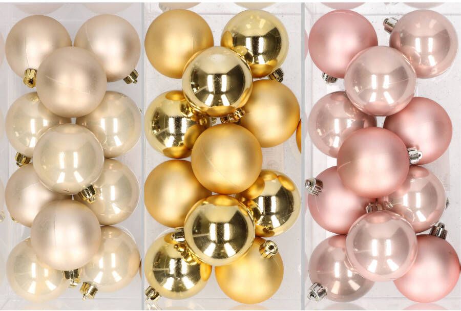 Merkloos 36x stuks kunststof kerstballen mix van champagne goud en lichtroze 6 cm Kerstbal