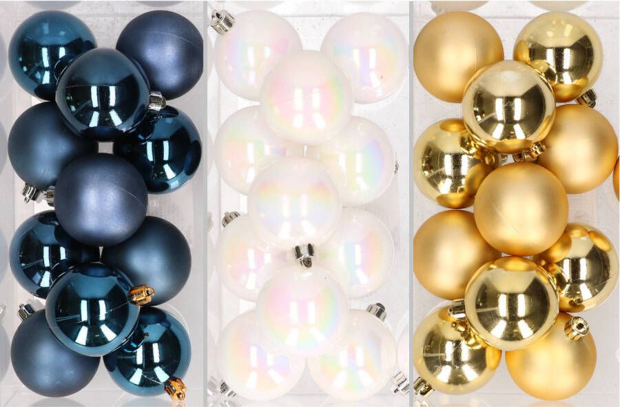 Merkloos 36x stuks kunststof kerstballen mix van donkerblauw parelmoer wit en goud 6 cm Kerstbal