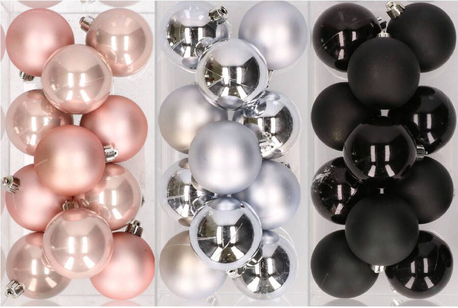 Merkloos 36x stuks kunststof kerstballen mix van lichtroze zilver en zwart 6 cm Kerstbal
