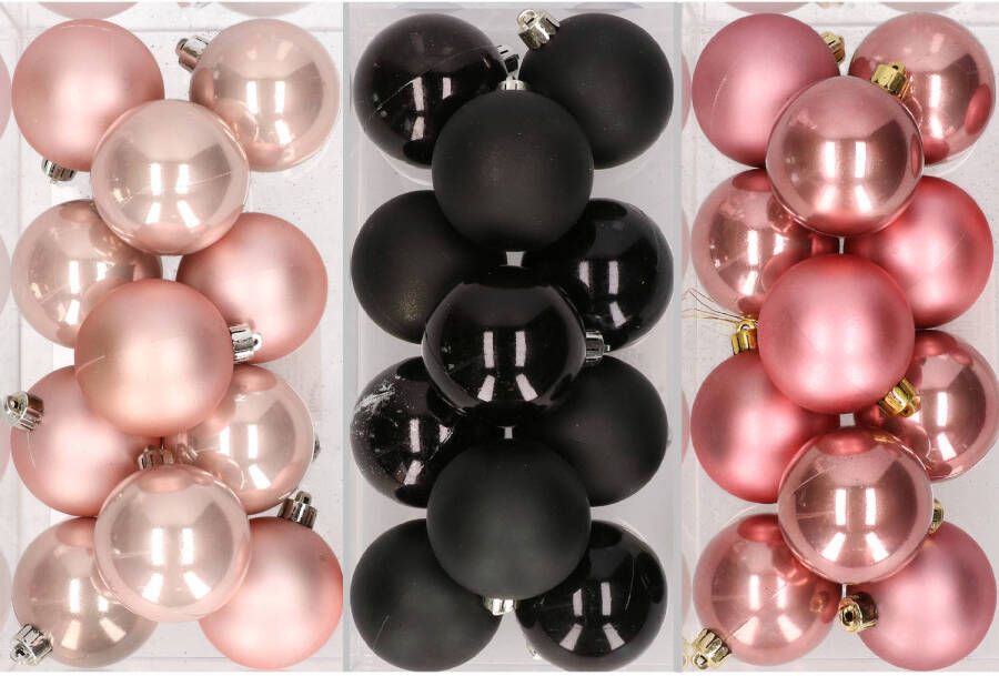 Merkloos 36x stuks kunststof kerstballen mix van lichtroze zwart en oudroze 6 cm Kerstbal