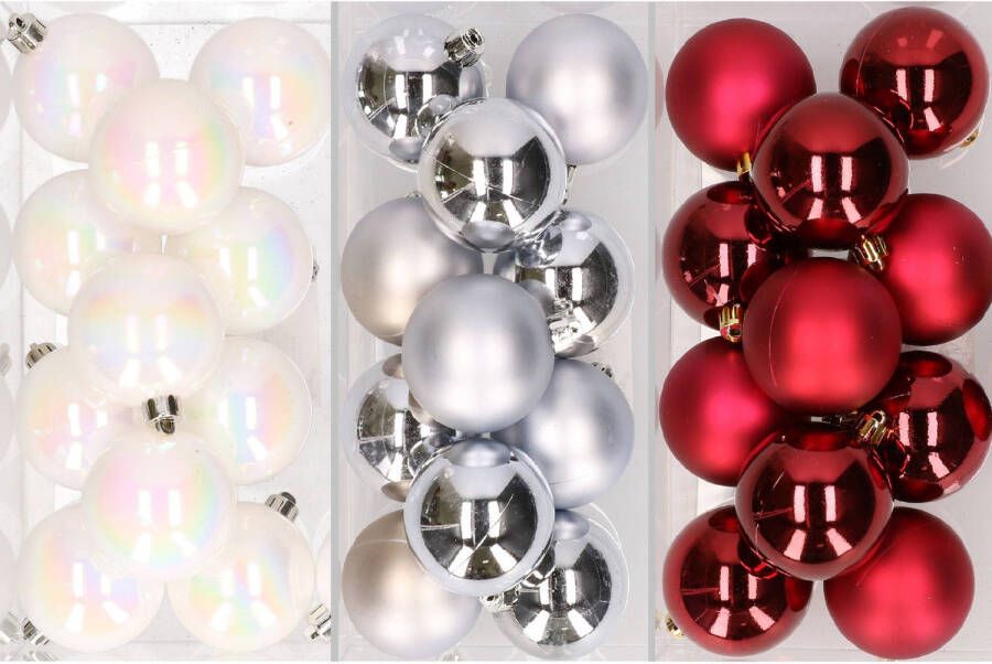 Merkloos 36x stuks kunststof kerstballen mix van parelmoer wit zilver en kerstrood 6 cm Kerstbal