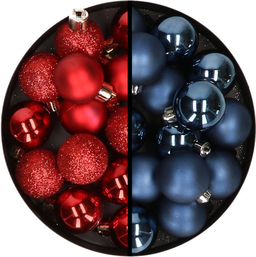 Merkloos 36x stuks kunststof kerstballen rood en donkerblauw 3 en 4 cm Kerstbal