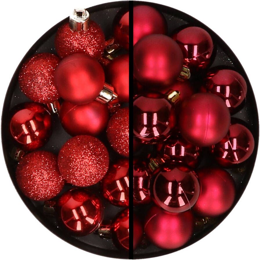 Merkloos 36x stuks kunststof kerstballen rood en donkerrood 3 en 4 cm Kerstbal