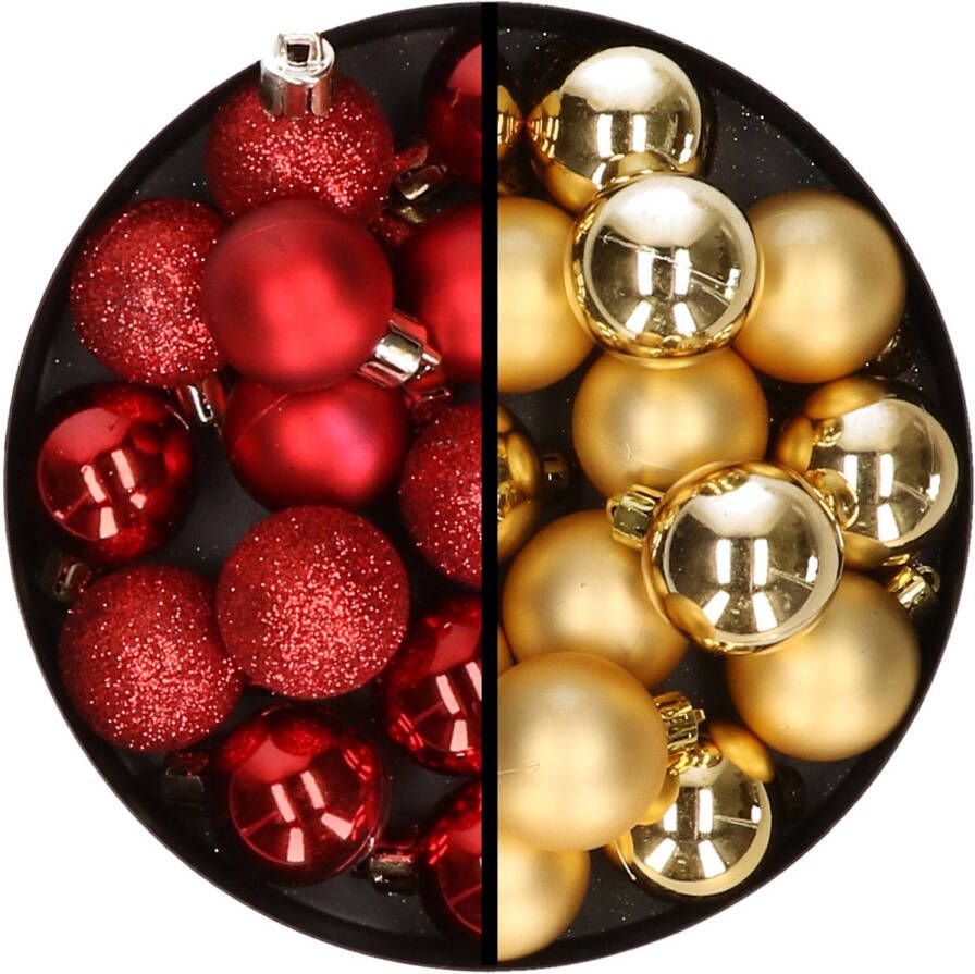 Merkloos 36x stuks kunststof kerstballen rood en goud 3 en 4 cm Kerstbal