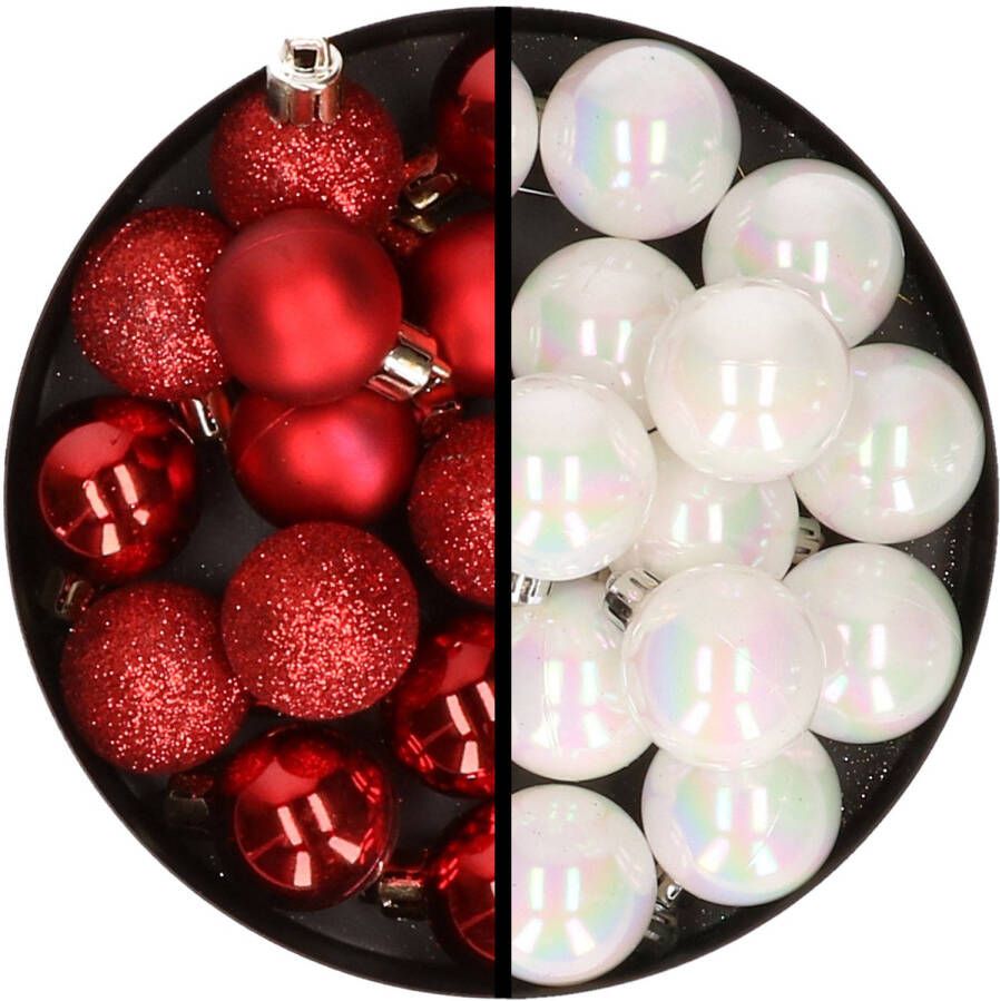 Merkloos 36x stuks kunststof kerstballen rood en parelmoer wit 3 en 4 cm Kerstbal