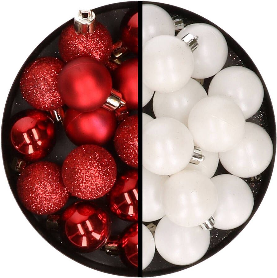 Merkloos 36x stuks kunststof kerstballen rood en wit 3 en 4 cm Kerstbal