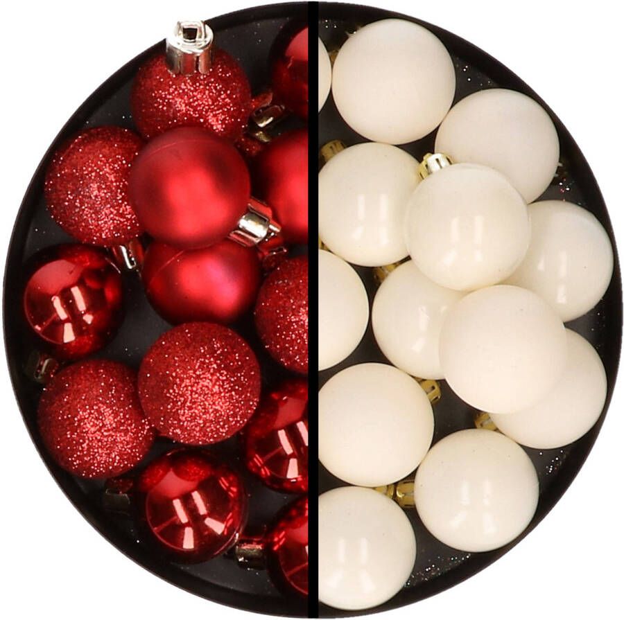 Merkloos 36x stuks kunststof kerstballen rood en wol wit 3 en 4 cm Kerstbal