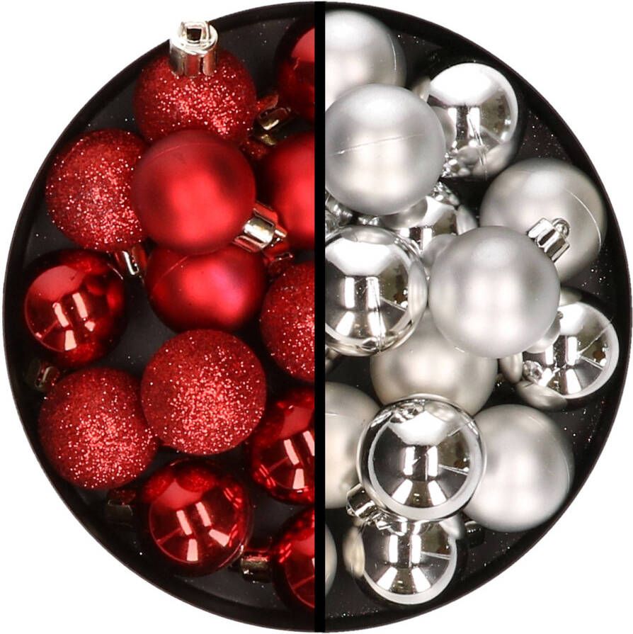 Merkloos 36x stuks kunststof kerstballen rood en zilver 3 en 4 cm Kerstbal