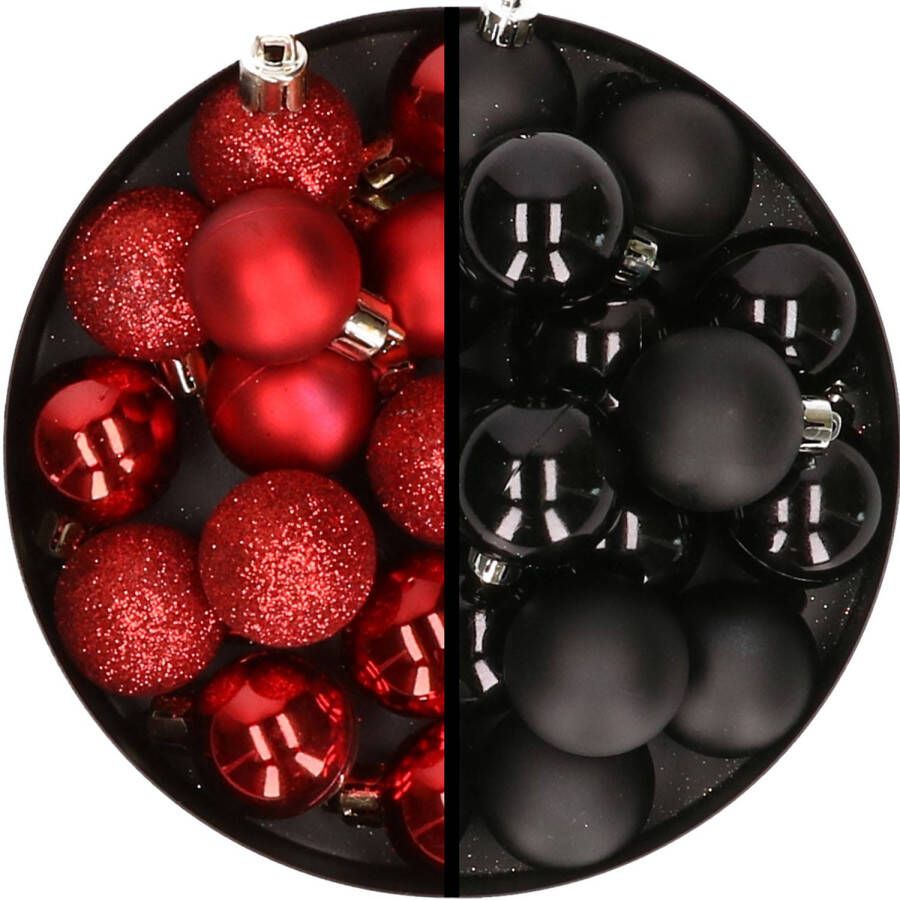 Merkloos 36x stuks kunststof kerstballen rood en zwart 3 en 4 cm Kerstbal